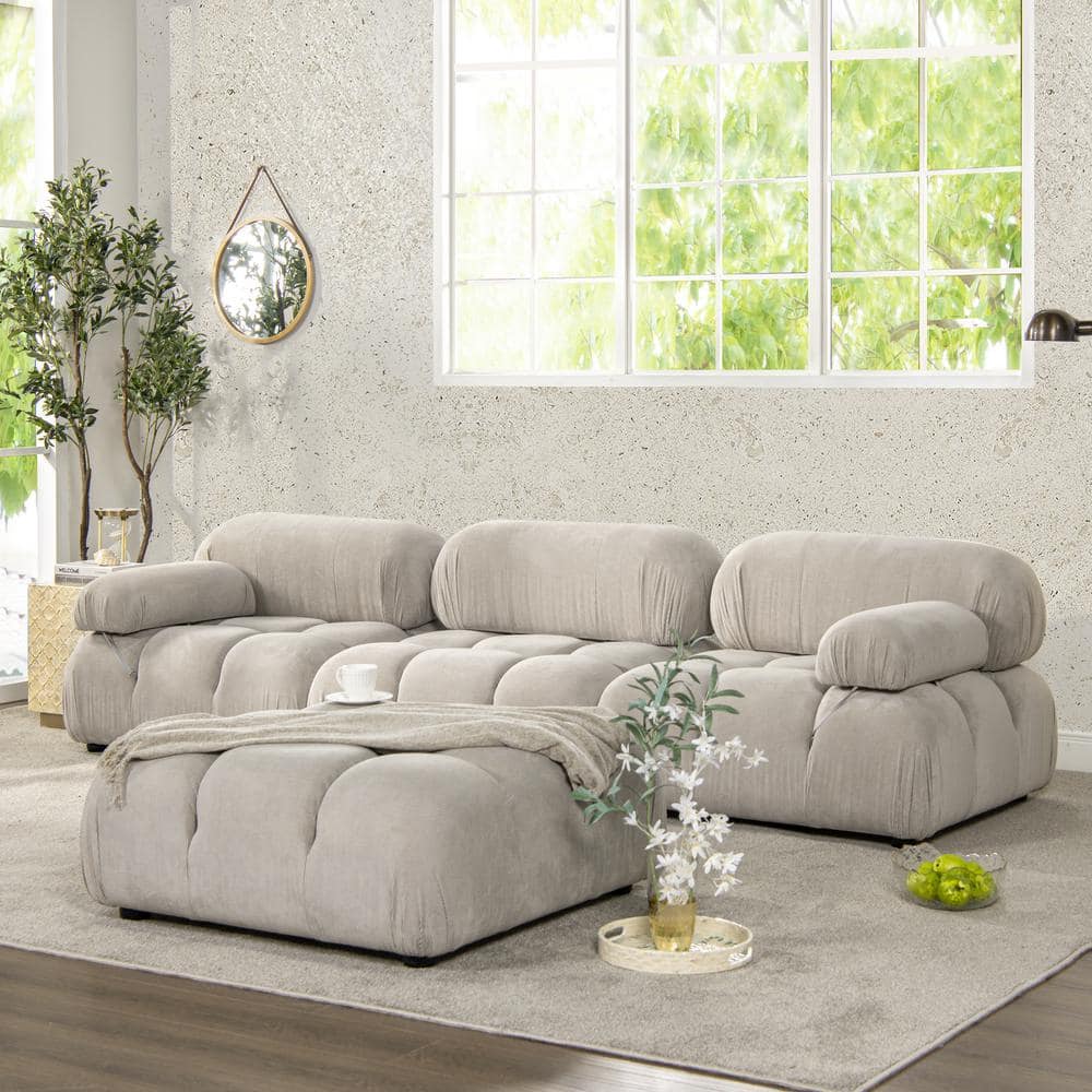 Pebble Gray Tufted Modular 3-Piece Sofa with Round Arms