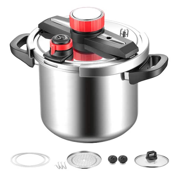 8 Qt Stainless Steel Pressure Cooker with Steaming Rack and Glass Lid, Three Pressure Settings