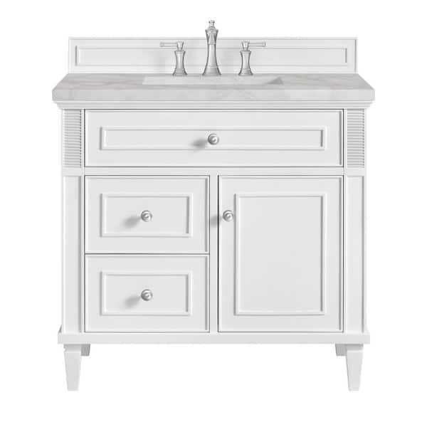 James Martin Vanities Lorelai 36.0 in. W x 23.5 in. D x 34.06 in. H Single Sink Bath Vanity in Bright White w/ Victorian Silver Quartz Top