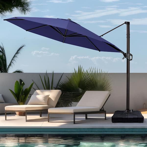 11 ft. Octagon Aluminium 360° Rotation Cantilever Tilt Outdoor Patio Umbrella in Navy Blue with Wheeled Base
