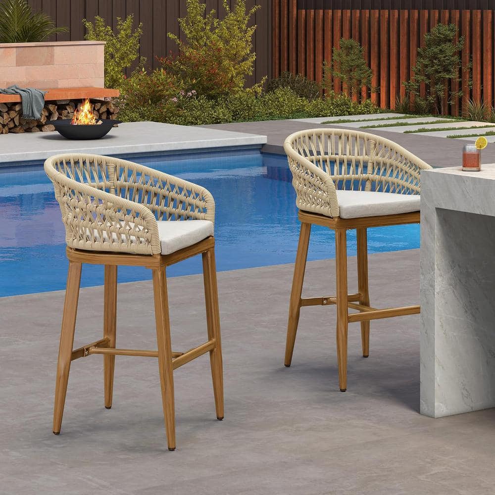 Modern Aluminum Rattan Bar Height Outdoor Bar Stool with Back and Beige Cushion (2-Pack) price history on PriceWatchPro