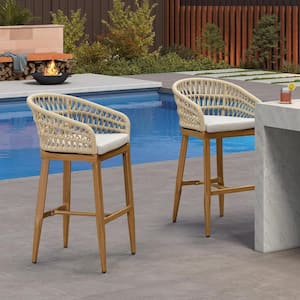 Modern Aluminum Rattan Bar Height Outdoor Bar Stool with Back and Beige Cushion (2-Pack)