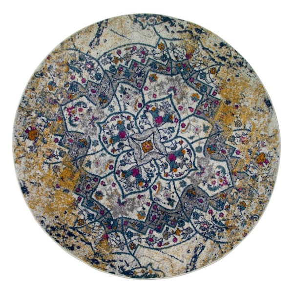 Vienne Vintage Faded Ivory and Navy 5 ft. Round Medallion Polypropylene Area Rug