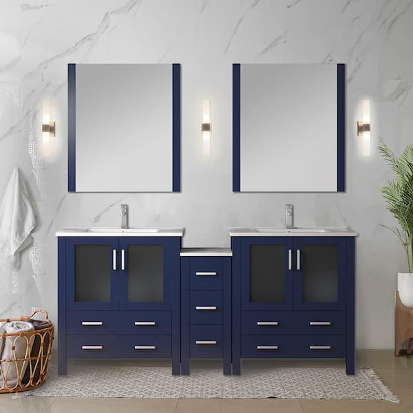Lexora Volez 72 in. W x 18 in. D x 34 in. H Double Sink Bath Vanity in Navy Blue with White Ceramic Top and Mirror
