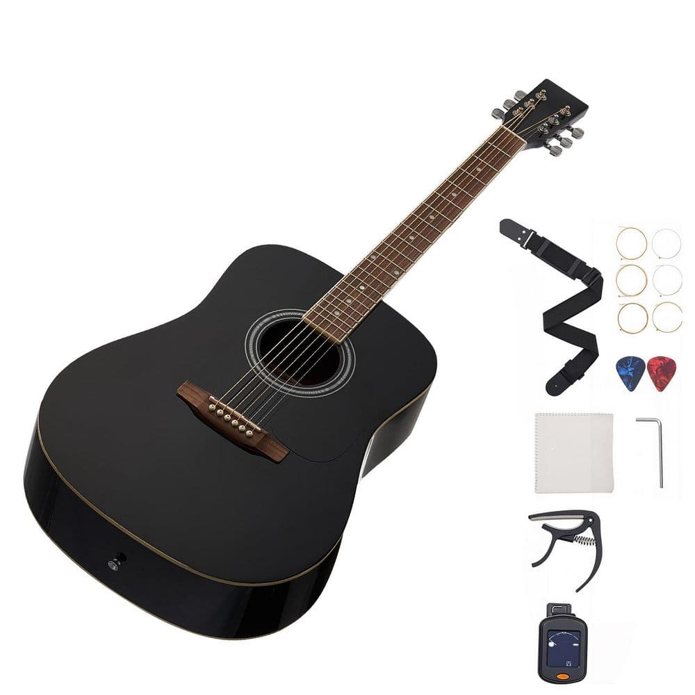 Dreadnought Acoustic Guitar 41 in. 6-String Black Solid Spruce Top Guitar Beginner Bundle with Gig Bag Tuner Strap