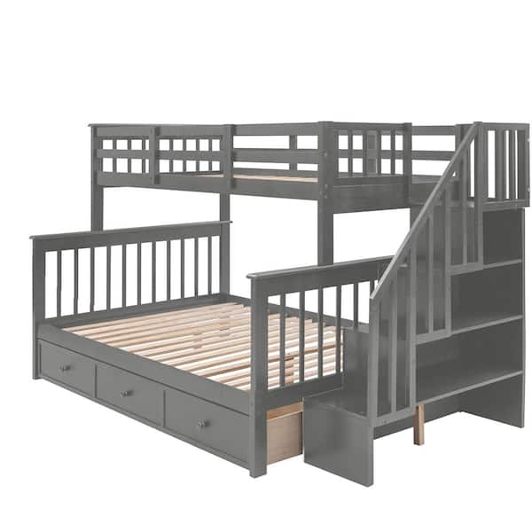 Unbranded Gray Twin-Over-Full Bunk Bed with Drawer, Storage and Guard Rail