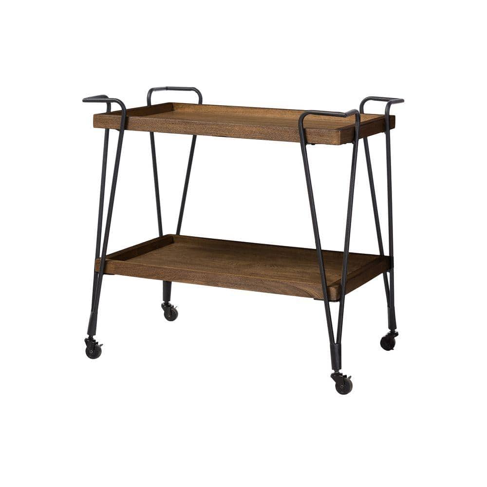 Rustic Industrial Black & Brown Mobile Serving Bar Cart with Wine Rack
