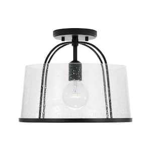 Madison 13 in. 1-Light Matte Black Transitional Semi Flush Mount With Clear Seeded Glass Shade and No Bulbs Included