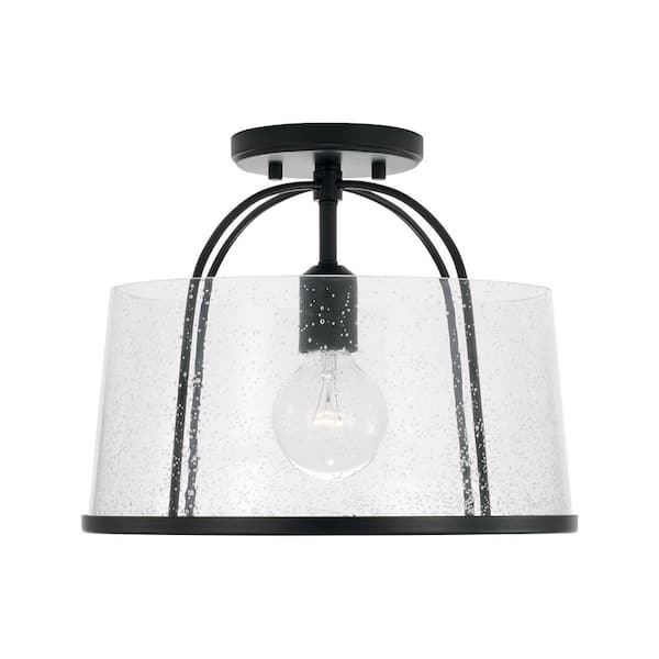 Madison 13 in. 1-Light Matte Black Transitional Semi Flush Mount With Clear Seeded Glass Shade and No Bulbs Included