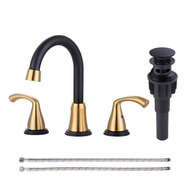 8 in. Widespread Double Handle Bathroom Faucet with Pop-Up Drain in Black and Gold