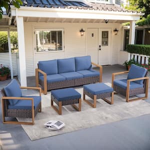 Allcot Brown 5-Piece Wicker Patio Conversation Set with Blue Cushions