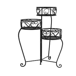 3-Tier Black Metal Decorative Folding Plant Stand Display with Laser Cut Shelves