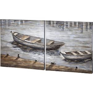 "Creekside" Boats Diptych - Original Hand Painted on Wood Oil Painting 80 in. x 40 in.