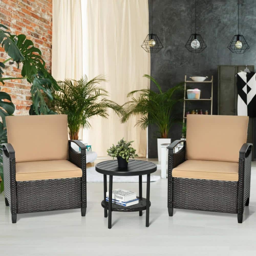 3-Piece Wicker Patio Conversation Set Coffee Table with Beige Cushions price history on PriceWatchPro