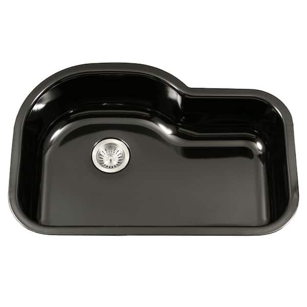 HOUZER Porcela Series Undermount Porcelain Enamel Steel 31 in. Offset Single Bowl Kitchen Sink in Black