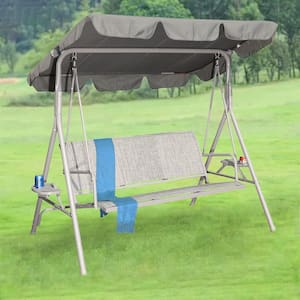 68 in. 3-Person Gray Iron Patio Swing Chair with Adjustable Canopy