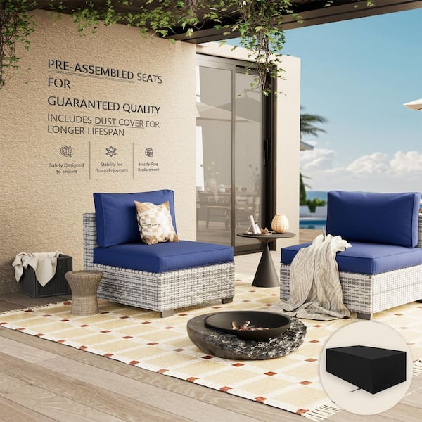 2-Piece Rattan Wicker Outdoor Patio Conversation Sofa Seating Set with Navy Blue Cushions and Sofa Protection Cover