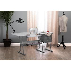 Ultra 60.25 in. W x 23.75 in. D PB Eclipse Craft Sewing Table with 3 Storage Drawers in White with Gray Metal Frame