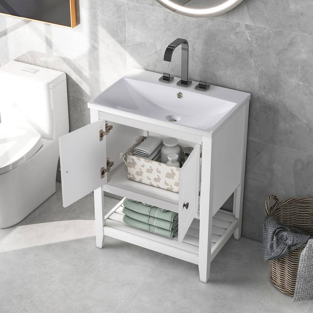 35.5 in. W x 17.7 in. D x 35 in . H Bathroom Vanity in White Solid Frame Bathroom Cabinet with Ceramic Basin Top