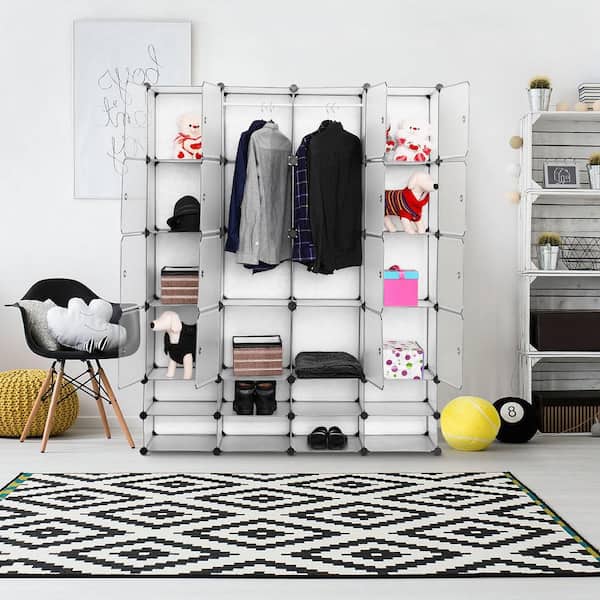 6.7 in. W White DIY 24-Cube Portable Clothes Wardrobe Cabinet Tower Wire Closet System Storage Organizer with Doors