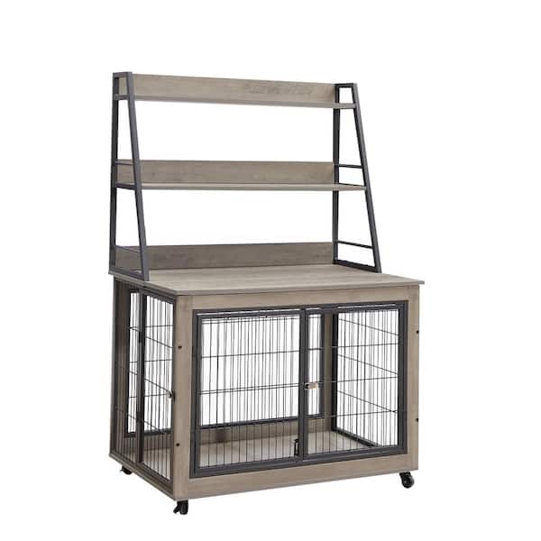 maocao hoom Furniture Style Dog Crate Side Table with Shelves, Equipped with Double Doors and A Raised Roof in Gray