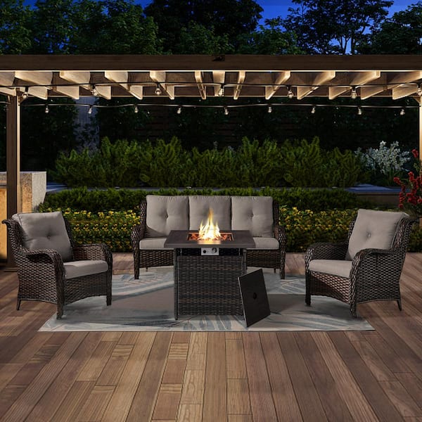 Opohoro ArcoBay 4-Piece Brown Wicker Patio Square Fire Pit Conversation Set with Beige Cushions and Sofa Set