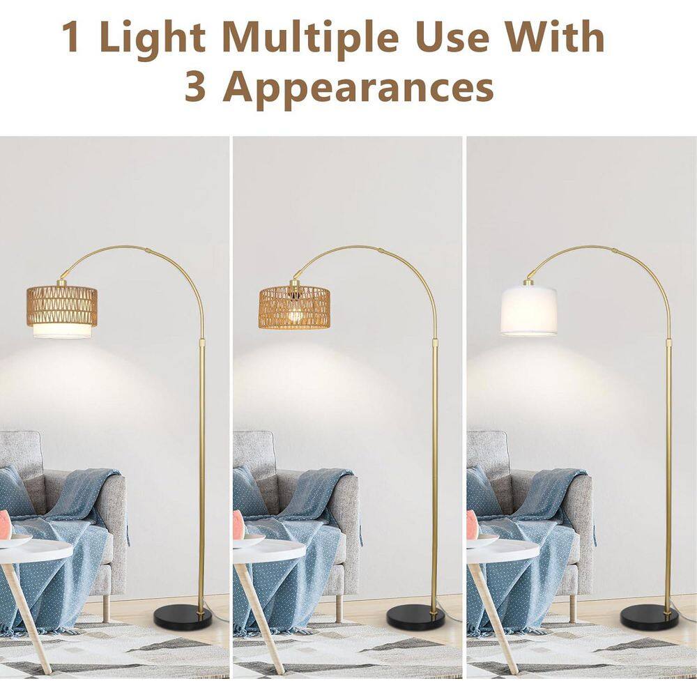 Gold Adjustable Arc Floor Lamp with Rattan Drum Shade