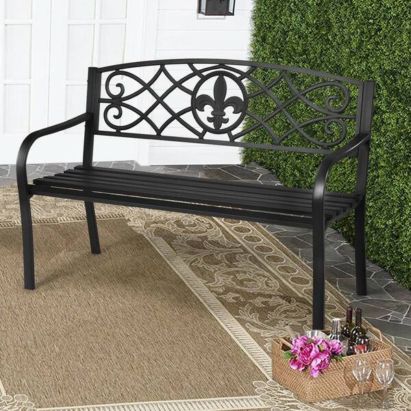 small black metal outdoor bench