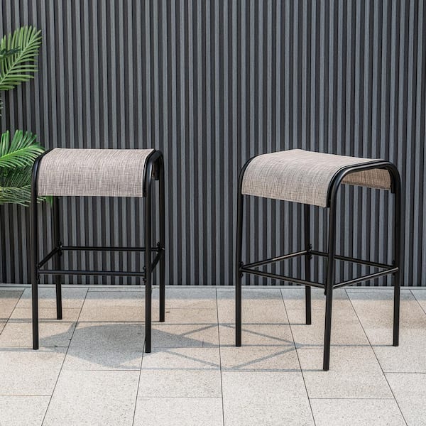 ANGELES HOME Set of 2 Patio Metal Outdoor Bar Stools with Curved Fabric Seat