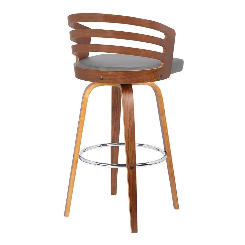 Jayden 30" Gray Faux Leather and Walnut Wood Swivel Bar Stool