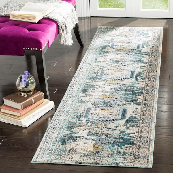 Baldwin 2 ft. x 10 ft. Ivory/Teal Border Distressed Medallion Runner Rug
