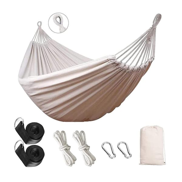Unbranded 9 ft. Canvas Tightly-Woven Cotton Fabric Double Brazilian Portable Hammock in White Easy To Install with Tree Strap