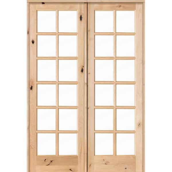60 in. x 96 in. Rustic Knotty Alder 12-Lite Low E Glass Both Active Solid Core Wood Double Prehung Interior Door