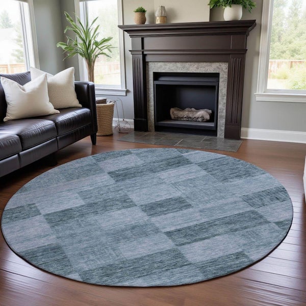 Mayfield Premium Machine Washable Abstract AMF1139 Denim 8 ft. x 8 ft. Round Rug