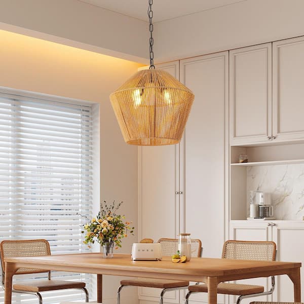 4-Light Brown Boho Hemp Rope Pendant Light, Handcrafted Farmhouse Hanging Light Fixture, Adjustable Height, No Bulb