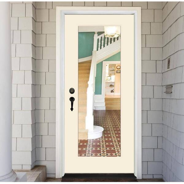 Legacy 30 in. x 80 in. Full-Lite Clear Glass RHIS Linen Finish Fiberglass Prehung Front Door