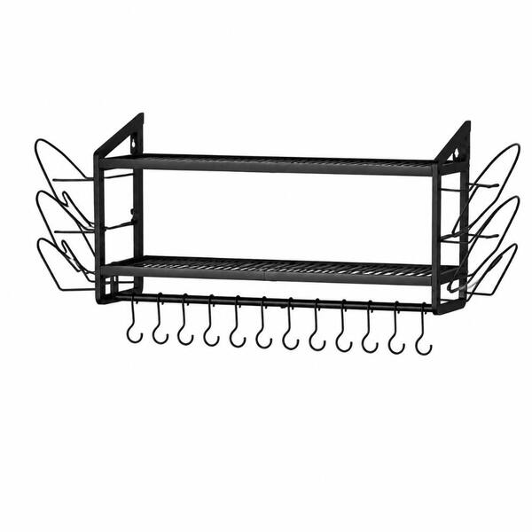 Black Heavy-Duty Metal Wall-Mounted Pot Rack with 6 Lid Holders and 12 Hooks for Organized Kitchen Storage