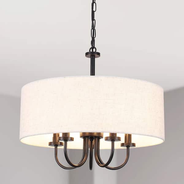 19.09 in. 5-Light Black Modern Drum Candlestick Chandelier Farmhouse Pendant-Light with Coth Shade