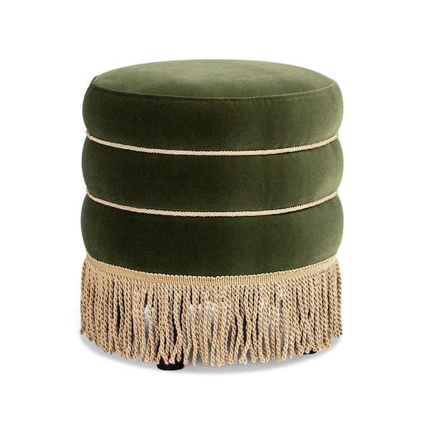 Jennifer Taylor Edward 17.5 in. Round Performance Velvet Upholstered Ottoman with Bullion Fringe in Olive Green