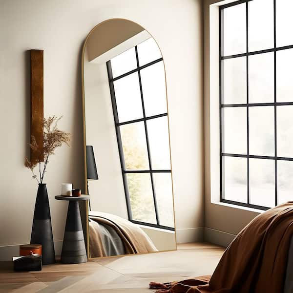 Sxiawe 22 in. W x 65.2 in. H Arched Gold Wooden Frame Oversized Classic Wall Mounted Floor Mirror