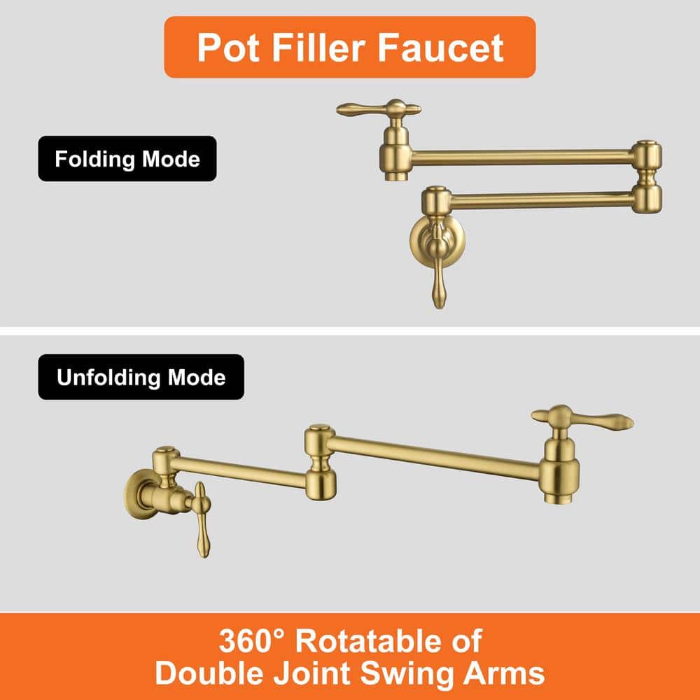 Brushed Gold Brass Double Handle Wall Mount Pot Filler Faucet