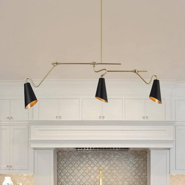 Modern Industrial 49.5 in. Black Island Chandelier, 3-Light Gold Linear Chandelier, DIY Pendant Light for Dining Room
