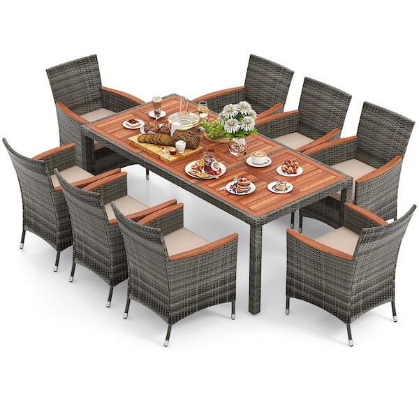 Costway 9-Piece Acacia Wood Rectangle 29 in Outdoor Dining Set with Cushion Beige