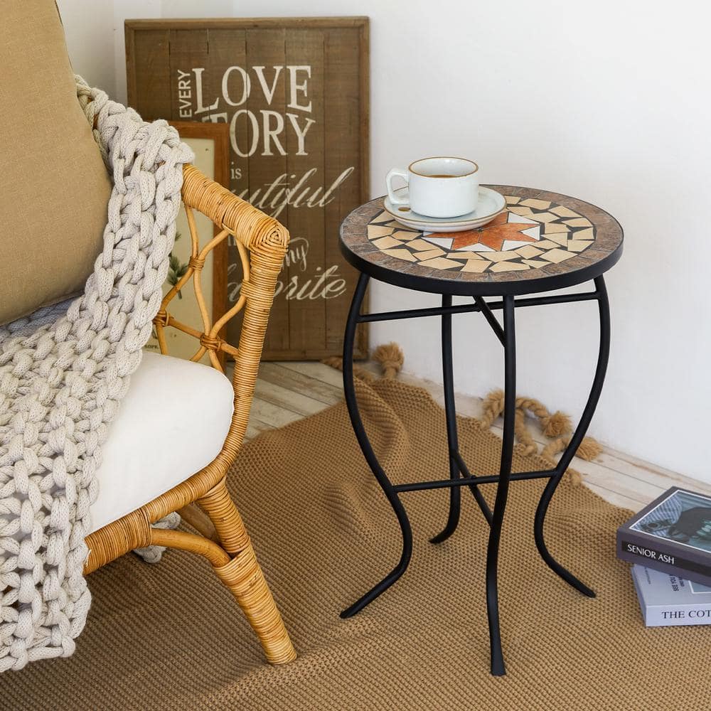 Round Maple Ceramic Tile Top Outdoor Side Table