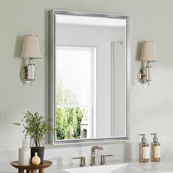 24 in. W x 36 in. H Aluminum Beveled Edge Rectangular Framed Bathroom Vanity Wall Mount Mirror in Brushed Silver