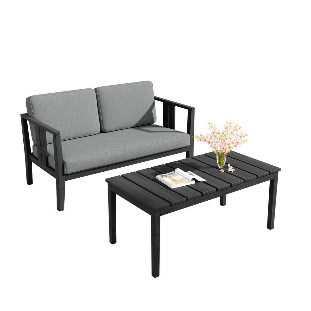 2-Piece Teak Patio Lounge Chairs Conversation Set with Gray Cushions and Black Coffee Table price history on PriceWatchPro