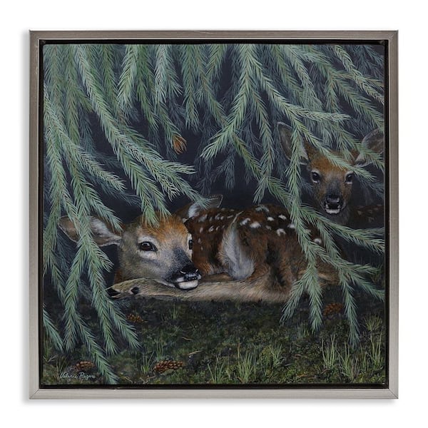 Stupell Industries Deer Under Forest Tree by Valerie Rogers Gray Floater Frame Animal Graphic Art Print 25 in. x 25 in.