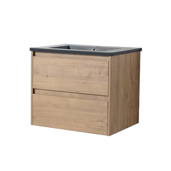 ANTFURN 18.30 in. W x 24.00 in. D x 20.50 in. H Floating Bath Vanity in Imitative Oak with Black Ceramic Top
