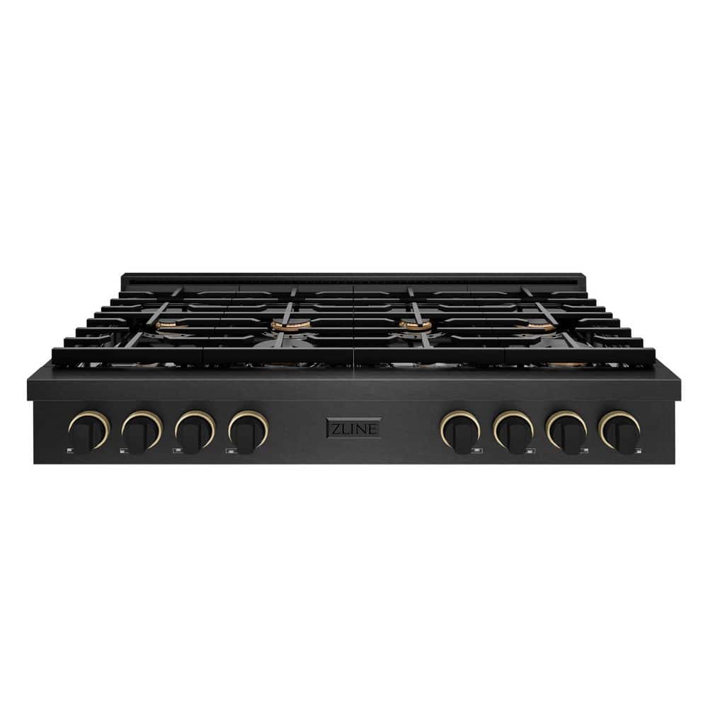 Designer 48 in. Paramount Gas Rangetop with 8 Burners in Black Satin with Matte Black and Champagne Accents