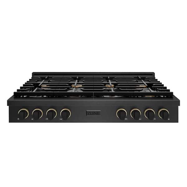 Designer 48 in. Paramount Gas Rangetop with 8 Burners in Black Satin with Matte Black and Champagne Accents
